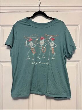 Teal Women’s Graphic Tee with Dancing Skeletons